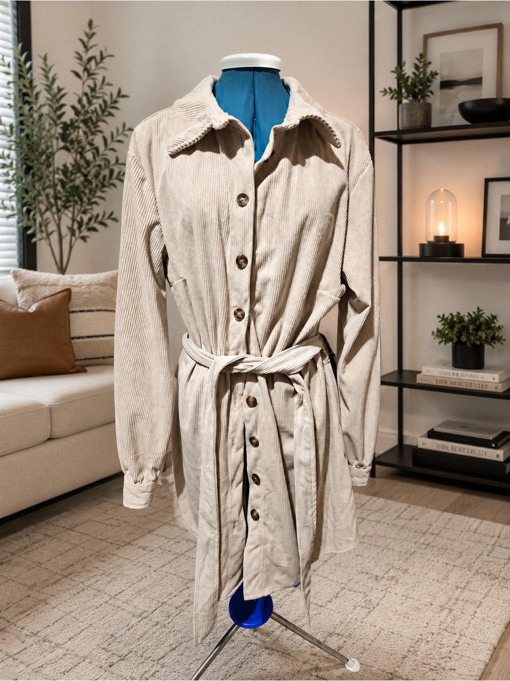 Neutral Beige Corduroy Belted Dress
